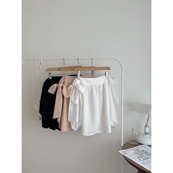 [Ảnh thật]Áo đũi trễ vai thắt nơ phong cách Ulzzang