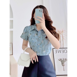 Áo sơ mi nữ tay bồng họa tiết hoa xanh trắng thanh lịch ZYM'S HOUSE K1192