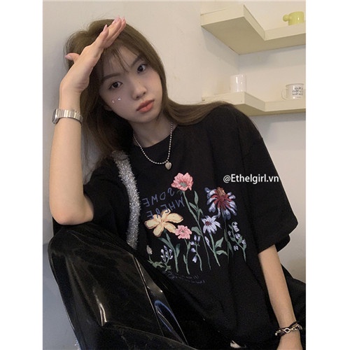 Áo Thun Ngắn Tay Cổ Tròn In Họa Tiết retro Thời Trang Nữ