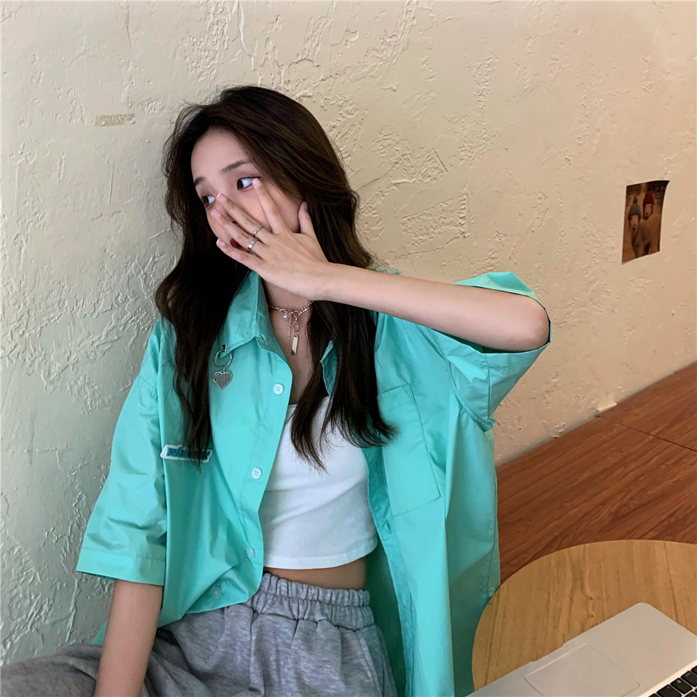 SUXI Áo Sơ Mi Tay Ngắn Màu Sắc Trơn Đơn Giản Phong Cách Vintage Dễ Phối Đồ