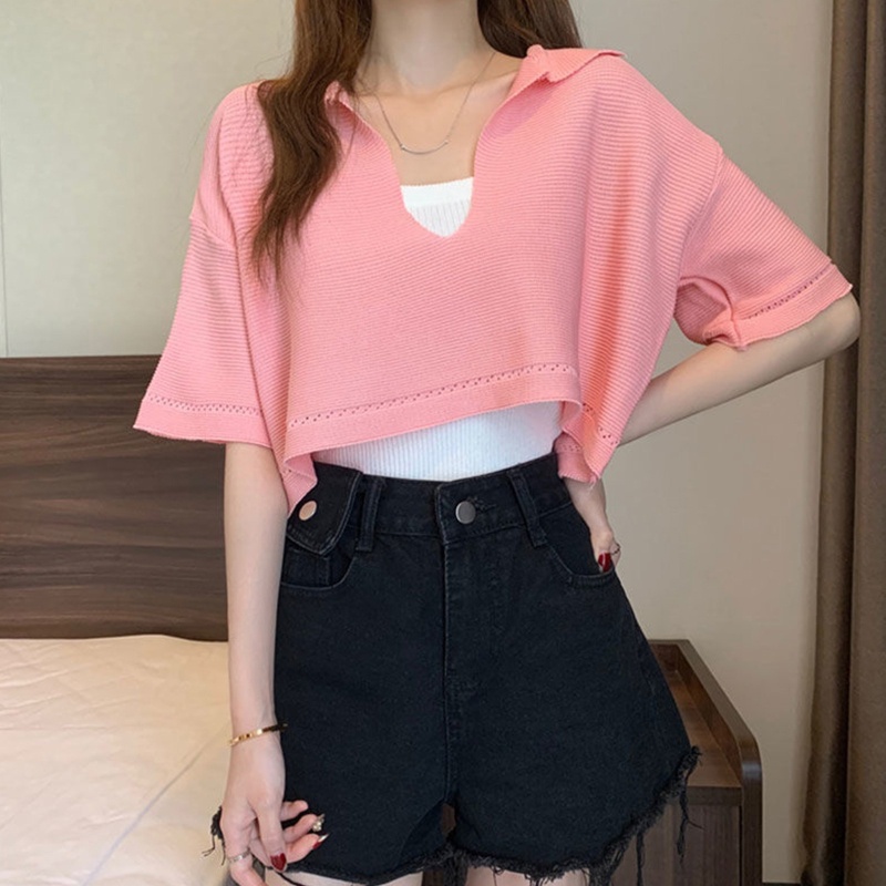 Áo Thun Crop Top Dệt Kim Cổ Chữ V Tay Ngắn Dáng Rộng Màu Trơn Quyến Rũ Cho Nữ