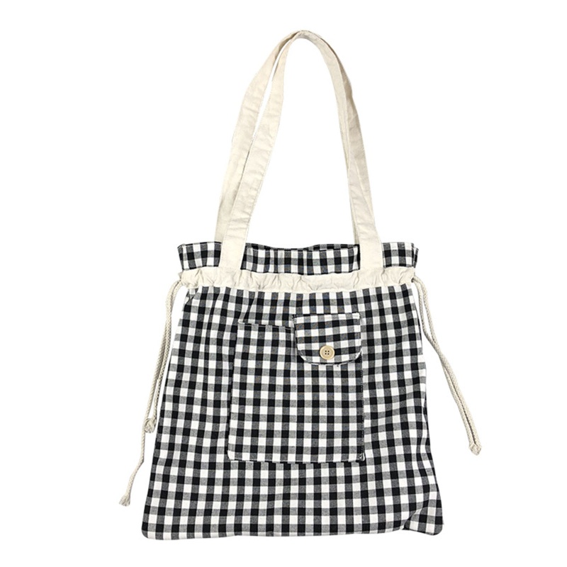Túi Tote Đeo Vai Bằng Vải Bạt Sọc Caro Sức Chứa Lớn Có Dây Rút