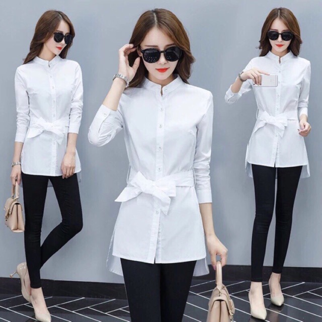 ÁO SƠ MI TRẮNG FORM DÀI CỔ TRỤ
