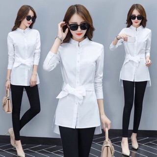 ÁO SƠ MI TRẮNG FORM DÀI CỔ TRỤ
