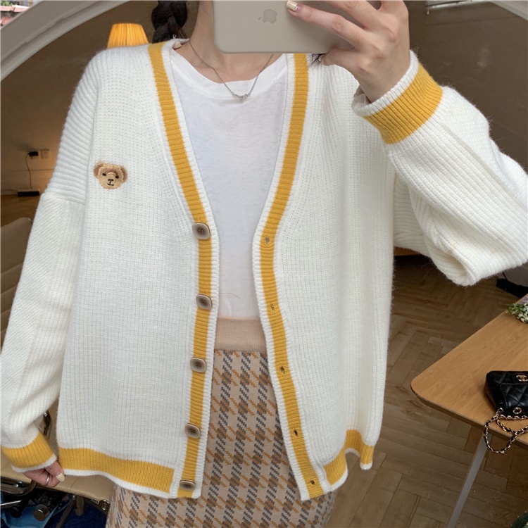 Áo khoác cardigan cổ chữ V dáng rộng thêu họa tiết gấu phong cách mùa thu 2021 cho nữ