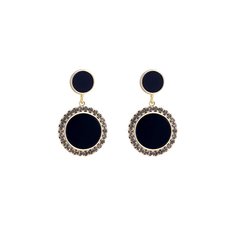 Khuyên Tai Hình Đĩa Zircon Đen Đơn Giản Cổ Điển