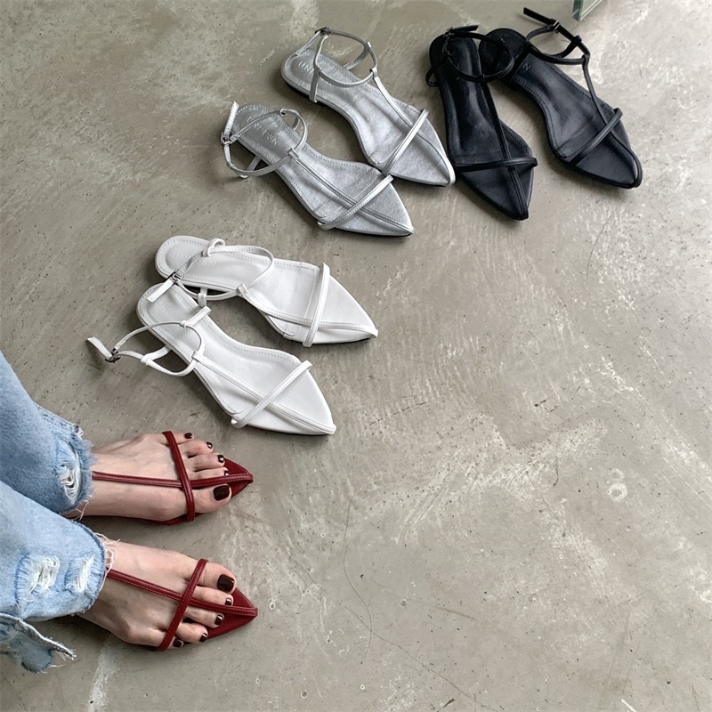 Giày sandal mũi nhọn quyến rũ đế bằng phối dây mỏng kèm khóa phong cách La Mã Hàn Quốc thời trang dành cho nữ