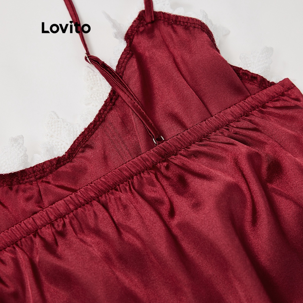 Set đồ ngủ Lovito nhún thun hở vai phối ren thanh lịch L17X553 (Màu đỏ tía)