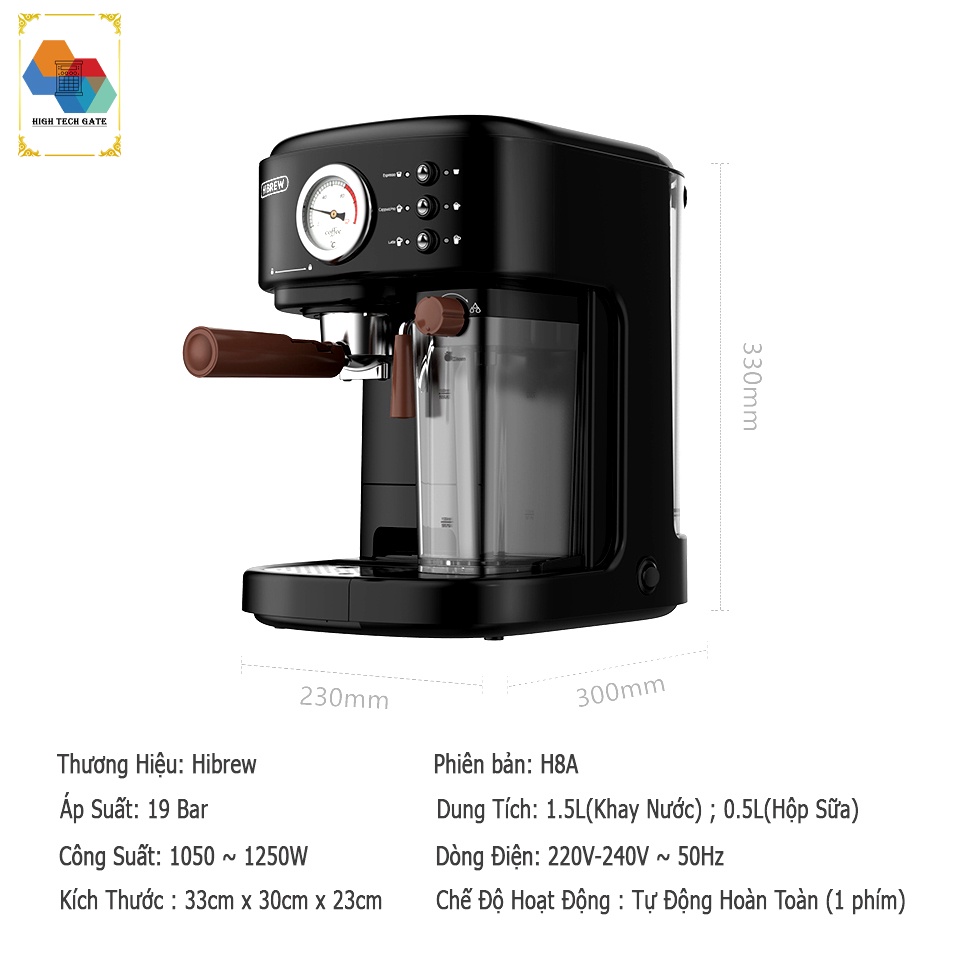 máy pha cafe Hibrew H8A tự động đánh sữa pha Cappuccino hay Latte, áp suất 19 bar mạnh mẽ, kiểm soát nhiệt NTC chuẩn xác