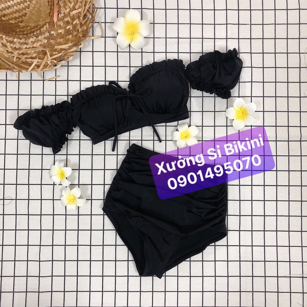 [ĐỒ BƠI LƯNG CAO] Bikini 2 mảnh áo TAY CON mix quần nhún cạp cao che bụng kín đáo