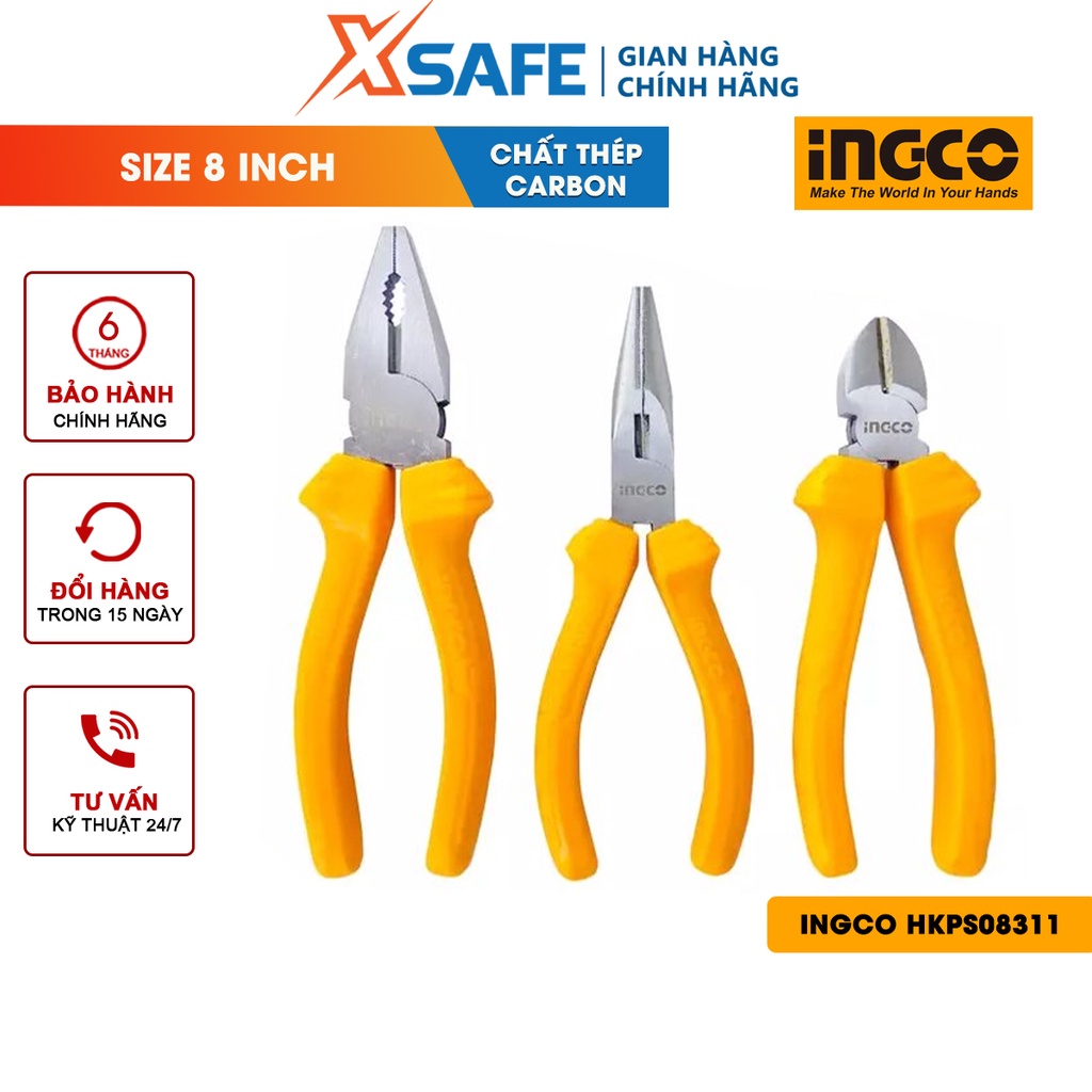 Bộ 3 kìm INGCO HKPS08311 kích thước 6 inch hợp kim cao cấp chắc chắc, chịu lực, chịu nhiệt