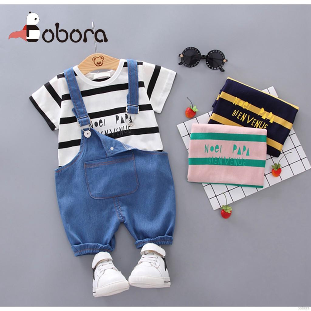 Set Áo Thun Ngắn Tay + Quần Yếm Jeans Cho Bé Trai