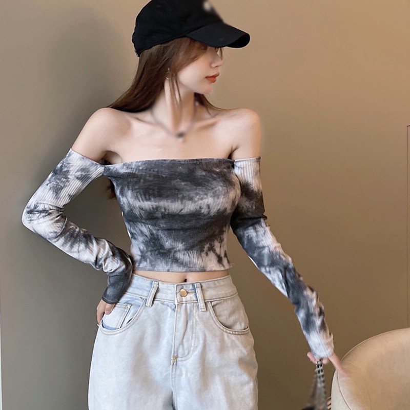 Áo Dệt Kim Tay Dài Hở Vai Màu Nhuộm Phong Cách Hàn Quốc