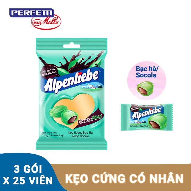 Combo 3 gói kẹo Alpenliebe Hương Bạc Hà Nhân Sôcôla 25 Viên/gói