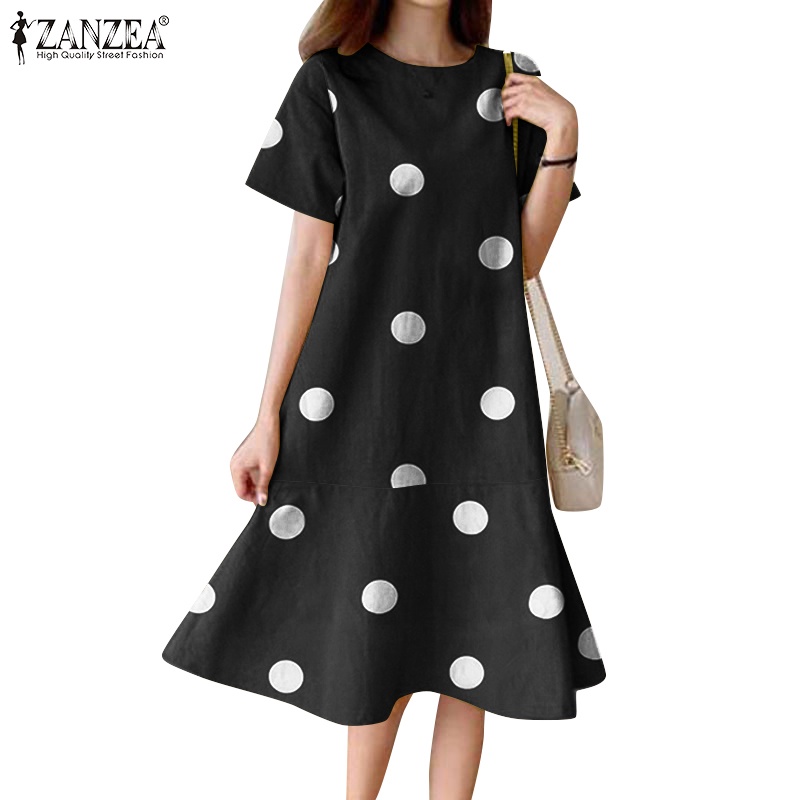 Đầm Zanzea kiểu chữ A tay ngắn viền bèo họa tiết chấm bi thời trang cho nữ