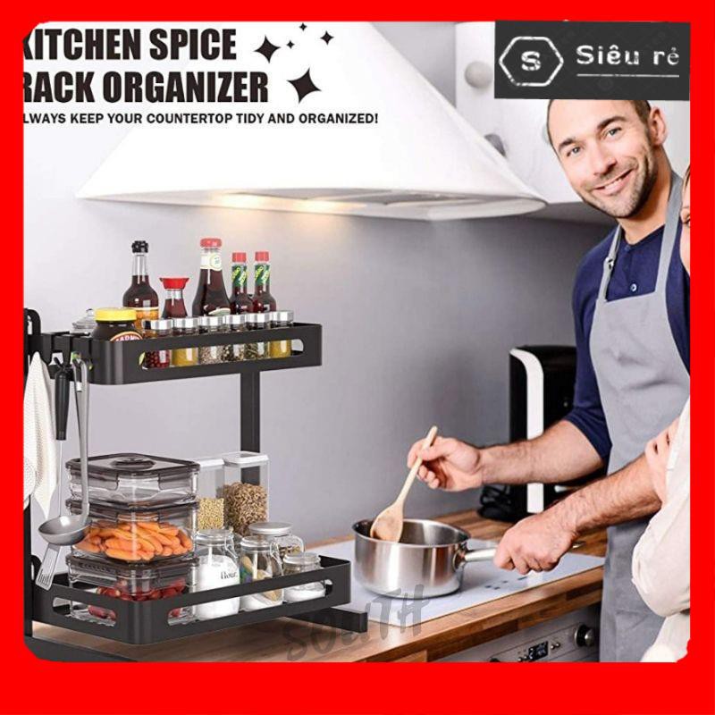 Kệ gia vị đa năng INOX phủ sơn tĩnh điện Đen KGV-007, kệ bếp cao cấp 2 Tầng loại dày (PD160199)