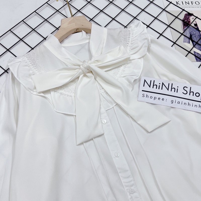Áo sơ mi cổ thắt nơ tay phồng dáng rộng, Áo kiểu thiết kế viền bèo SM8088- NhiNhi Shop