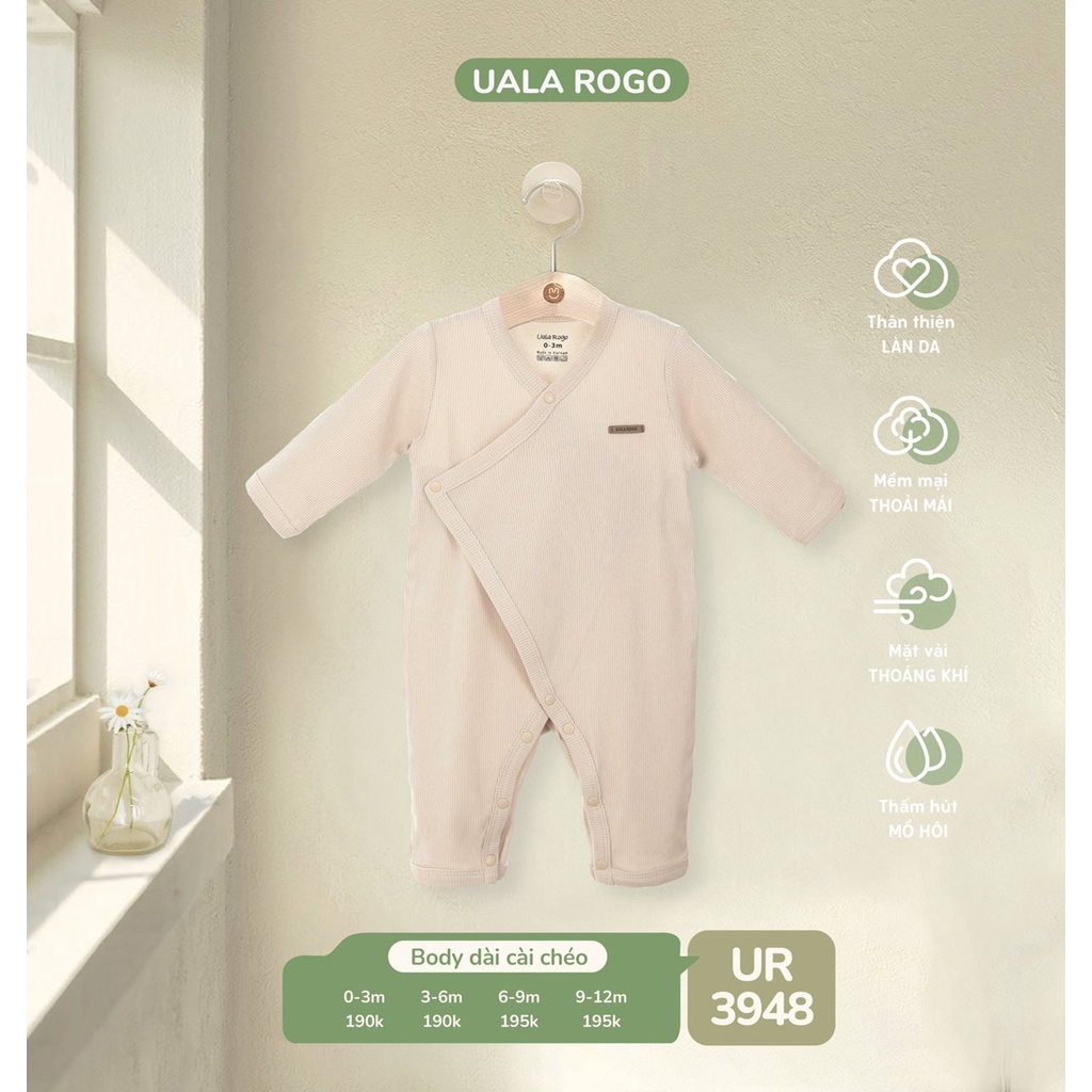 Body Uala Rogo dài tay cài chéo thun tăm cao cấp mềm mịn thoáng mát thấm hút tốt sơ sinh cho bé trai bé gái 3948