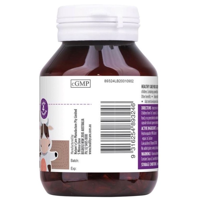 Canxi sữa (60v) bổ sung canxi và vitamin D3 cho bé từ 4 tháng tuổi Healthy Care Milk Calcium, Úc.  Date 01/2025