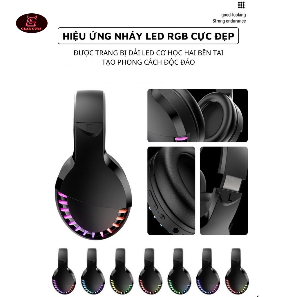 Tai nghe SH33 Super Bass - Bluetooth headphone gaming đèn led đổi màu RGB cho điện thoại máy tính pc laptop