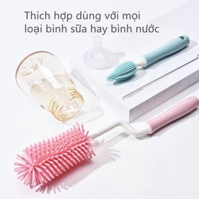 (Cọ 3 chi tiết) Dụng cụ cọ rửa bình sữa Silicon tay cầm xoay 360 độ siêu sạch tiện lợi an toàn cho bé