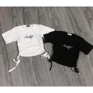 ÁO THUN NỮ ĐEN CROPTOP DÂY RÚT BÊN EO