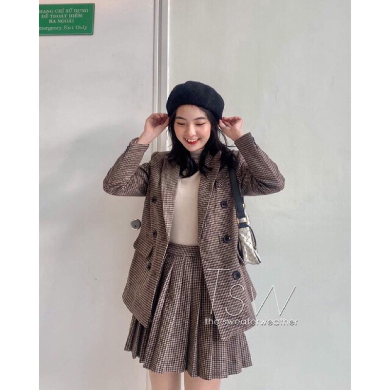 SET ÁO VEST BLAZER KÈM CHÂN VÁY XẾP LY KẺ CARO