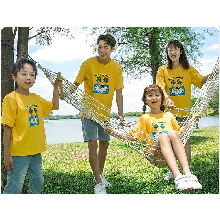 Áo Gia Đình Familylove - Mẫu Áo Đồng Phục Gia Đình Họa Tiết Hòn Đảo Cây Dừa Hey Summer Chất Liệu Cotton 100% Co Giãn