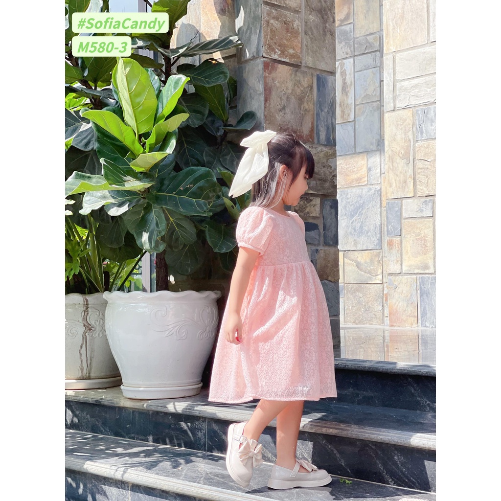 Váy bé gái ren lụa hoa nhí mềm mượt ,tay bồng cột nơ lưng 3 màu xinh xắn Shushibabyshop