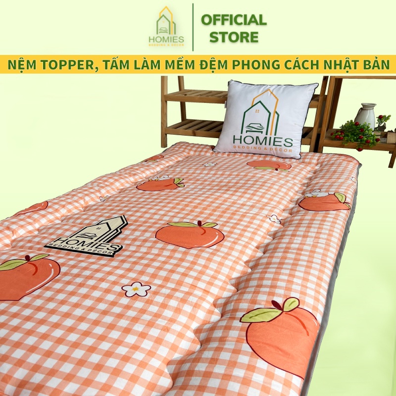 Kèm Túi Xách - Topper nệm bông xuất Nhật HOMIES Bedding &amp; Décor cao cấp , Đệm Topper Đào Cam, Tấm làm mềm đệm cot