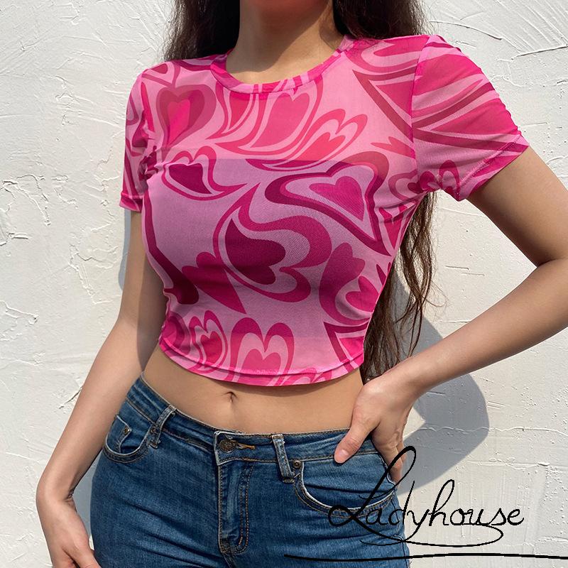 Áo croptop tay ngắn cổ tròn in họa tiết trái tim thời trang xuân hè cho nữ