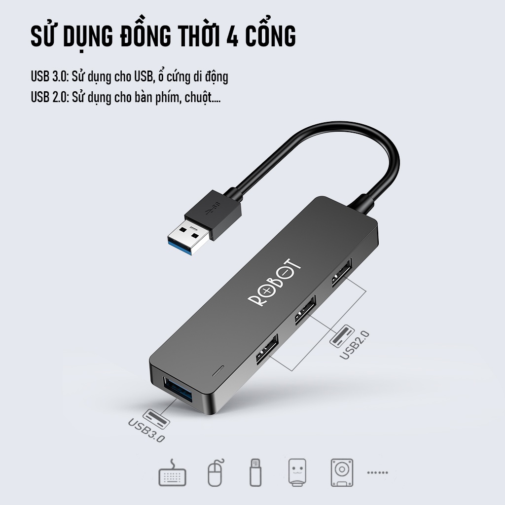 HUB Chuyển Đổi Chia Cổng USB ROBOT H160 Mở Rộng 3 Cổng USB 2.0 Và 1 Cổng USB 3.0 Dây Nối Dài 80 Cm BenZ Store