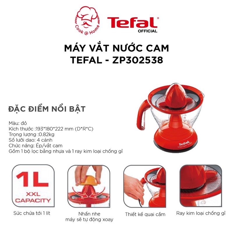 Máy vắt nước cam Tefal ZP302538 màu đỏ 1 Lít