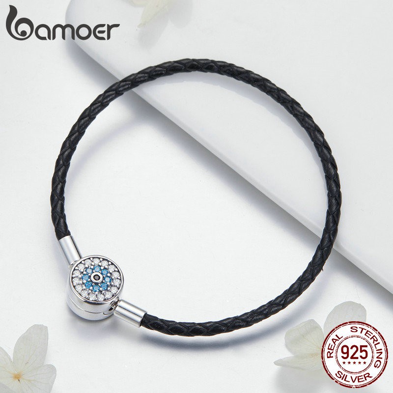 Vòng đeo tay BAMOER bạc 925 dây da bện đính đá zircon mặt mắt quỷ thời trang