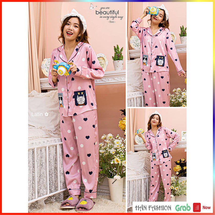 Đồ Ngủ Nữ – Bộ Ngủ Pijama Nữ Latin Cao Cấp Mèo 2 Túi - Tay Dài Quần Dài | Hân Fashion | Ship Nhanh 2h