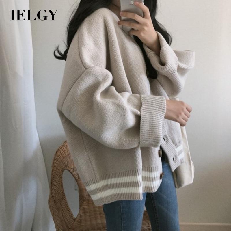 Áo khoác cardigan IELGY dệt kim kẻ sọc phong cách đi học tươi tắn nhỏ gọn dành cho nữ