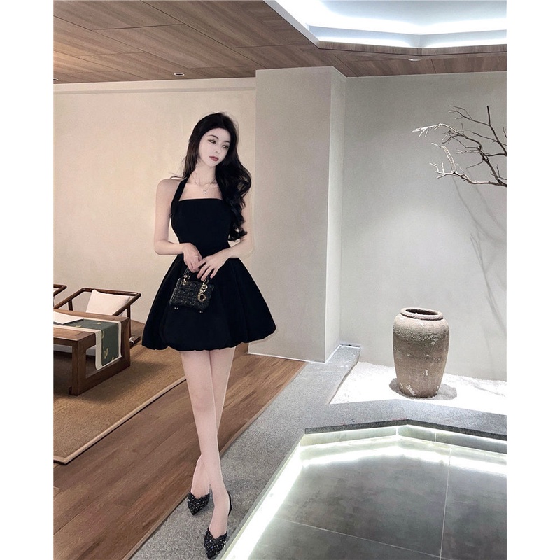 Đầm Chữ a Hai Dây Màu Đen Trơn Phong Cách Thời Trang Mới Cho Nữ