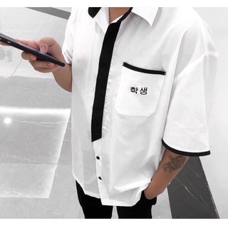 Sơ mi tay lỡ viền đen thêu chữ hàn