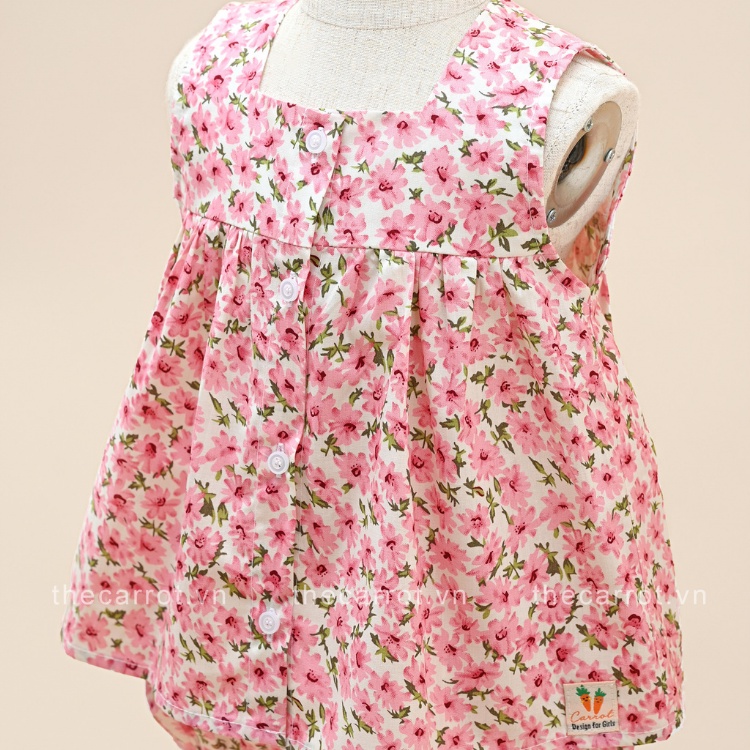 Bộ Đồ Carrot Cho Bé Gái, Họa Tiết Hoa Đào Hồng, Không Tay Dáng Baby Doll, Chất Thô Cotton Thoáng Mát Thấm Hút Mồ Hôi Tốt