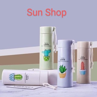 Bình nước giữ nhiệt hình xương rồng lỗi thủy tinh bọc nhựa lúa mạch 450ml
