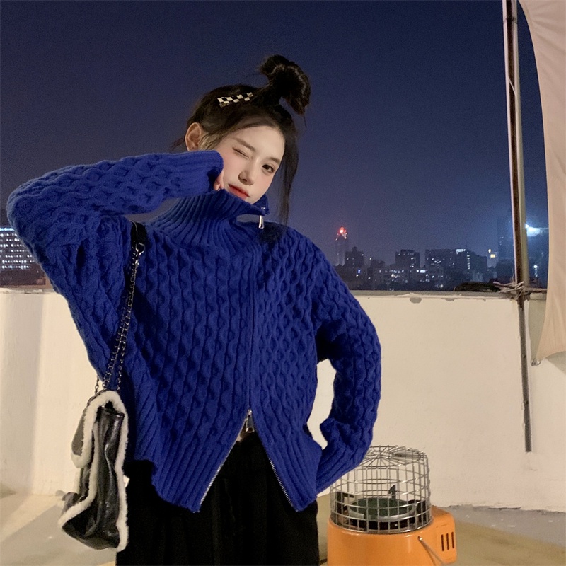 Áo sweater dệt kim cổ cao dáng rộng dày dặn phối khóa kéo thời trang mùa đông cho nữ
