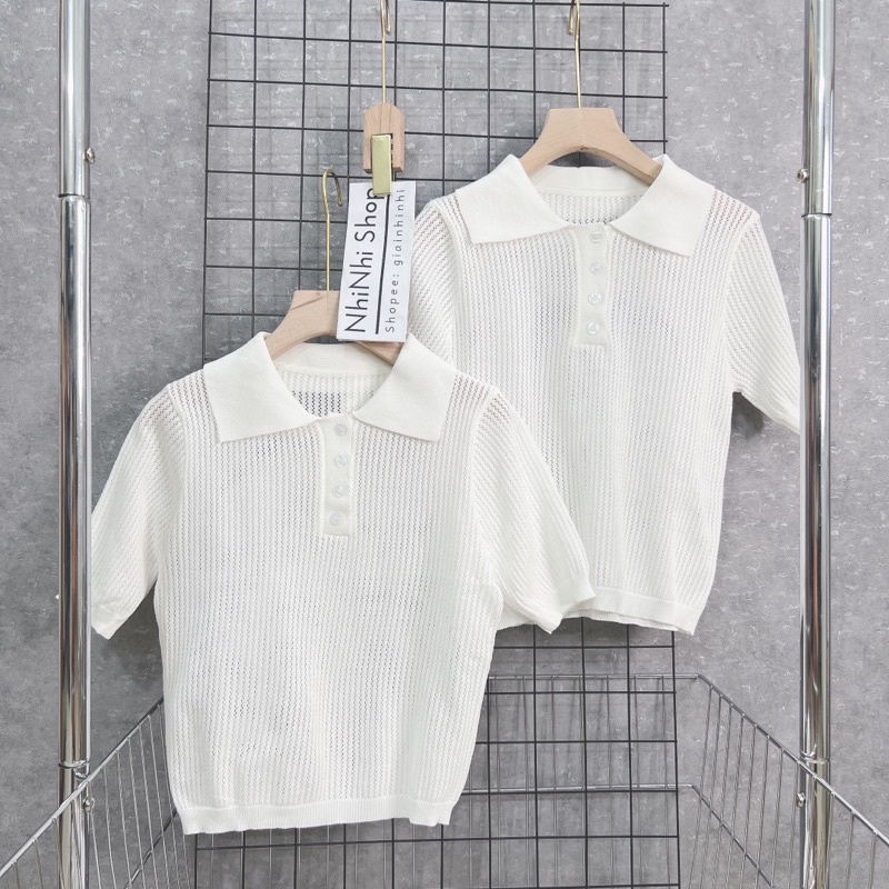 Áo polo len lỗ thưa màu trắng, Áo kiểu len cổ bẻ ngắn tay bo chun AL1379 - NhiNhi Shop