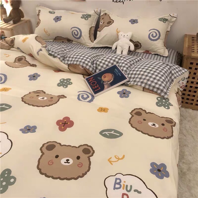 [Mã 44LIFESALE giảm 10% đơn 99K] Set Chăn Ga Mặt Gấu Biu Biu Ga Kẻ Caro Cotton Poly Hàng Xuất Nhật (Shinbedding.shop)