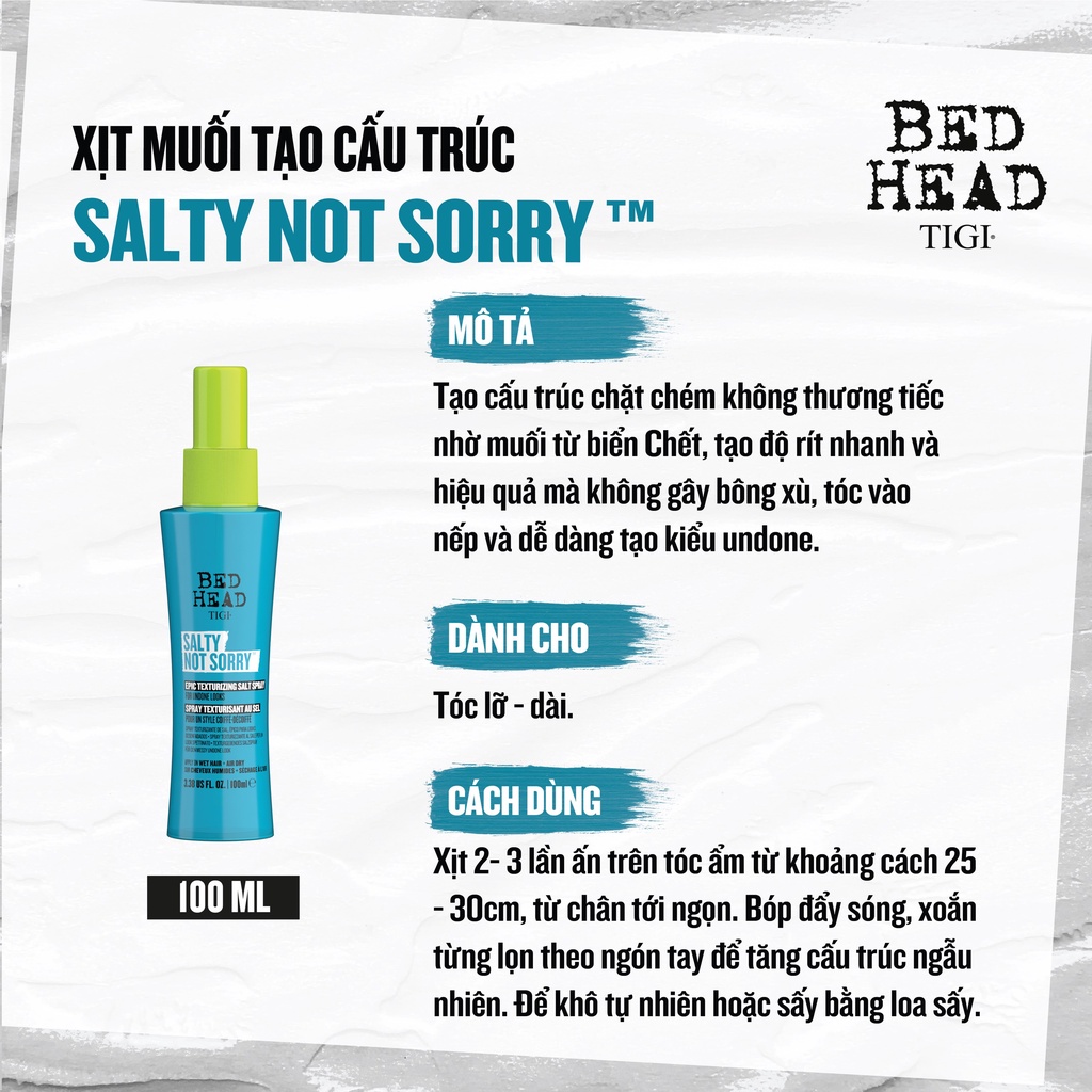 TIGI Bed Head Xịt Muối Biển Tạo Cấu Trúc Salty Not Sorry 100ml - Tạo kiểu tóc, giữ nếp tóc, dưỡng ẩm, tạo độ rít tức thì