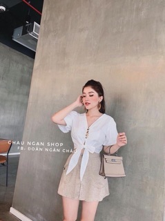 Áo Croptop nút Khuy bọc buộc eo nơ (ảnh thật )