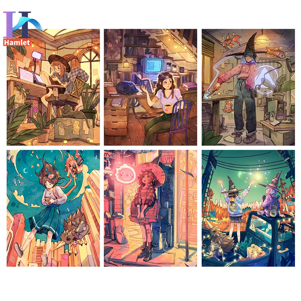 Bộ tranh sơn dầu Hamlet tô màu theo số hình cô gái dễ thương trang trí thủ công kích thước 40x50cm