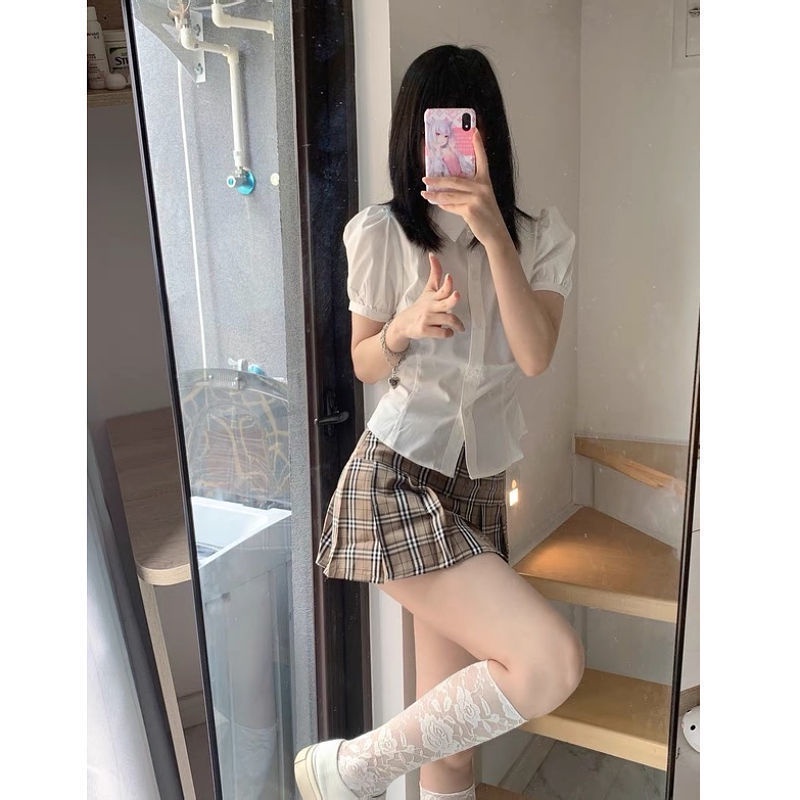 Áo Sơ Mi Tay Ngắn Phồng Cột Dây Eo Thời Trang Mùa Hè Xinh Xắn Cho Nữ