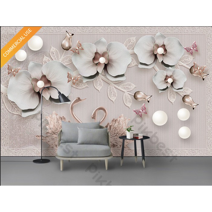 Hoa lan và đôi thiên nga hạnh phúc,Tranh 3d dán tường hiện đại trang trí phòng khách phòng ngủ(tíchhợp sẵn keo)MS1035924
