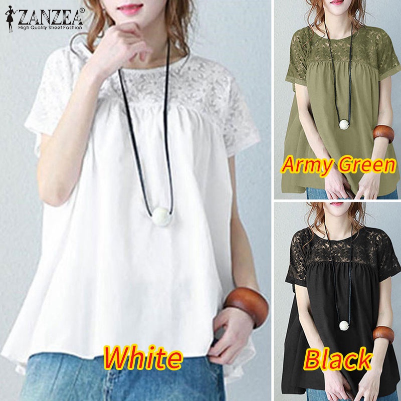 Áo thun Zanzea tay ngắn phối ren thời trang tùy chọn màu sắc dành cho nữ