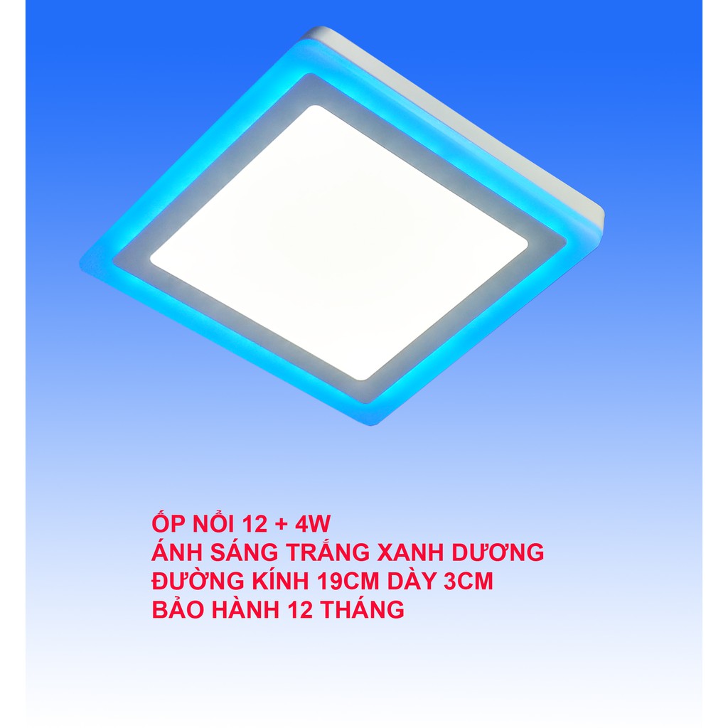 Đèn Led ốp trần 16w  vuông nổi 2 màu 3 chế độ sáng trắng xanh dương